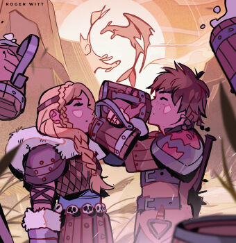 1boy 1girl armor artist_name astrid_hofferson blonde_hair braid braided_ponytail brown_hair closed_eyes cup drinking hiccup_horrendous_haddock_iii holding holding_cup how_to_train_your_dragon_(series) pauldrons rogerwitt shoulder_armor tankard