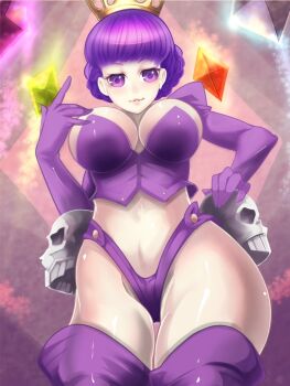 1girl atlus breasts crystal female_focus from_below gradriel gradriel_de_valendia large_breasts princess_crown purple_eyes purple_hair short_hair skull smile solo taka_(sanoujo358) thighhighs