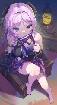 1girl absurdres armlet bare_legs bare_shoulders barefoot black_gloves black_leotard black_nails blue_eyes blurry blurry_background book bottle bracelet braid breasts citlali_(genshin_impact) commentary_request covering_own_mouth crate facial_mark fingerless_gloves floating_headgear from_above genshin_impact gloves hair_intakes highres holding holding_book jewelry knee_up lantern large_breasts leotard long_hair looking_at_viewer multicolored_nails nail_polish pink_hair pink_pupils popo_89r purple_nails sitting leotard sleeveless_turtleneck_leotard solo toenails toes triangle triangle_facial_mark twin_braids vision_(genshin_impact)