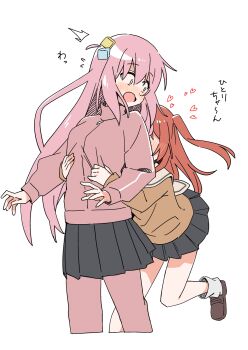 2girls ^^^ bare_shoulders blush bocchi_the_rock! brown_shoes commentary cube_hair_ornament gotoh_hitori hair_between_eyes hair_ornament haru_(konomi_150) heart highres hug hug_from_behind jacket kita_ikuyo loafers long_hair long_sleeves looking_back miniskirt multiple_girls open_mouth pants pants_under_skirt pink_hair pink_jacket pink_pants pleated_skirt red_hair school_uniform shoes simple_background skirt socks surprised track_jacket track_pants translated very_long_hair white_background white_socks wide-eyed