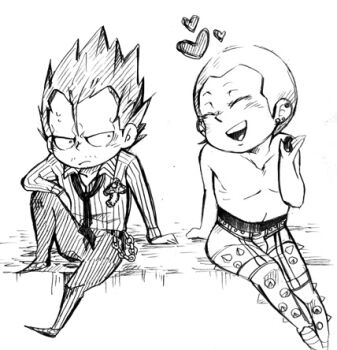 Rule 34 | 2boys, chain, chibi, chota, del (logicallogos), dorohedoro, en (dorohedoro), greyscale, heart, lowres, male focus, monochrome, multiple boys, mushroom, no eyebrows, shirtless, sketch