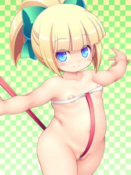 1girl blonde_hair blue_eyes censored chabo_(fuketsudan) highres loli mega_man_(classic) mega_man_(series) mosaic_censoring nipples pussy pussy_peek ribbon roll_(mega_man) smile solo