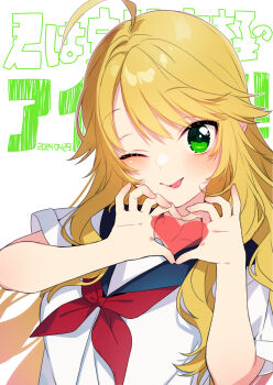 Rule 34 | 1girl, ;p, ahoge, blonde hair, commentary request, green eyes, heart, heart hands, highres, hoshii miki, idolmaster, idolmaster (classic), long hair, looking at viewer, one eye closed, school uniform, serafuku, solo, sumeragi kohaku, tongue, tongue out, upper body