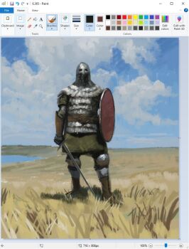 1other armor boots christian_young cloud cloudy_sky commentary day english_commentary faceless field full_body gauntlets holding holding_shield holding_sword holding_weapon knee_pads knight lake microsoft_paint_(medium) microsoft_paint_(software) original other_focus outdoors shield sky solo standing sword weapon
