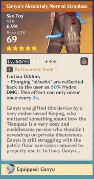 1girl close-up dialogue_box dildo english_text faceless fake_screenshot futomomomoe gameplay_mechanics ganyu_(genshin_impact) genshin_impact groin head_out_of_frame highres hip_focus legs lower_body navel out_of_frame pantyhose parody sex_toy solo standing stomach strap-on strapless_dildo style_parody thighs torn_clothes torn_pantyhose user_interface