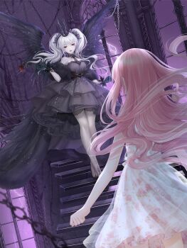 2girls angel_wings artist_request bare_arms bare_legs bare_shoulders black_collar black_crown black_gloves black_lips black_scrunchie black_shoes black_skirt black_wings bobo_(miracle_nikki) chain collar collarbone crown dark_bobo_(miracle_nikki) detached_collar detached_sleeves dress eyelashes face-to-face feathered_wings floating_clothes floating_hair floral_print flower frilled_dress frills full_body game_cg gloves gown grey_dress hair_between_eyes hair_ornament hair_scrunchie high_heels highres holding holding_flower indoors knees lace lace-trimmed_dress lace_collar lace_trim light_particles lightning lipstick long_dress long_hair looking_at_another makeup mini_crown miracle_nikki multiple_girls nikki_(nikki) nikki_(series) official_art pale_skin parted_lips petticoat pink_hair pleated_dress puffy_short_sleeves puffy_sleeves purple_sky red_eyes red_flower red_rose rose rose_print scrunchie shoes short_dress short_sleeves skirt sky sleeveless sleeveless_dress smile spiral_staircase spread_wings stairs standing strapless strapless_dress thighs third-party_source twintails very_long_hair walking wavy_hair white_dress white_hair window wings