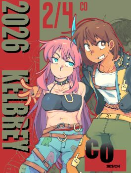 Rule 34 | 1boy, 1girl, absurdres, alternate costume, aubrey (faraway) (omori), aubrey (omori), belt, black choker, black jacket, black nails, blue eyes, blue hairband, blue pants, breasts, bright pupils, brown belt, brown eyes, brown hair, character name, chinese commentary, choker, closed mouth, collarbone, commentary request, dated, denim, double-parted bangs, green pants, grin, hair between eyes, hairband, highres, huasuan69416, jacket, jeans, kel (faraway) (omori), kel (omori), long sleeves, looking at viewer, medium breasts, navel, omori, open clothes, open jacket, open mouth, pants, pink hair, ship name, short hair, sidelocks, smile, spiked choker, spikes, teeth, white pupils