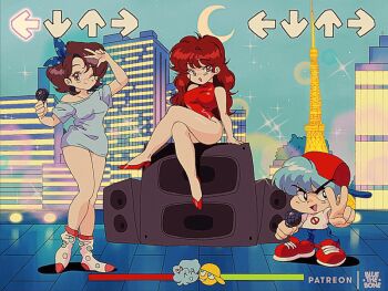 1980s_(style) 1boy 2girls :d animated animated_gif arrow_(symbol) backwards_hat bare_legs baseball_cap blue_hair blue_shirt bluesona_(bluethebone) bluethebone boyfriend_(friday_night_funkin') breasts brown_eyes brown_hair building crescent_moon fake_screenshot fictional_persona friday_night_funkin' girlfriend_(friday_night_funkin') hat heads-up_display high_heels holding holding_microphone legs leotard long_hair long_legs medium_breasts microphone moon multiple_girls night no_symbol oldschool open_mouth original outdoors patreon_username polka_dot polka_dot_legwear red_footwear red_headwear red_leotard retro_artstyle rooftop shirt short_hair sitting size_difference smile socks standing user_interface v