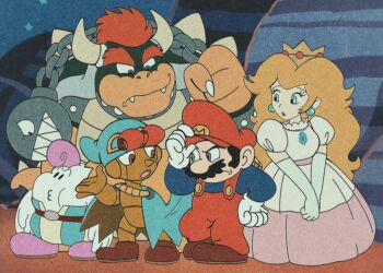1girl 4boys black_hair blonde_hair blue_eyes bowser brooch cape chain_chomp claws crown dress earrings facial_hair frown full_body geno_(mario) gloves hat highres horns jewelry long_hair looking_at_another mallow_(mario) mario mario_(series) mr.whatshisname multiple_boys mustache night night_sky nintendo overalls pink_dress princess_peach red_hair sky standing super_mario_bros.:_peach-hime_kyushutsu_dai_sakusen! super_mario_rpg tail talking