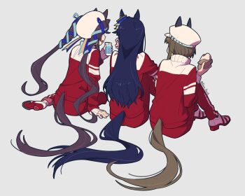 3girls animal_ears blue_hair brown_hair cellphone cheval_grand_(umamusume) commentary_request ear_covers ears_through_headwear eating food from_behind hair_ribbon hat hat_belt highres holding holding_food holding_phone horse_ears horse_girl horse_tail jacket long_hair multicolored_hair multiple_girls pants peaked_cap phone red_jacket red_pants red_track_suit ribbon shoes simple_background single_ear_cover sitting smartphone streaked_hair tail teddy_(takarada) tracen_training_uniform track_jacket track_pants track_suit twintails umamusume v_sisters verxina_(umamusume) vivlos_(umamusume) white_hat