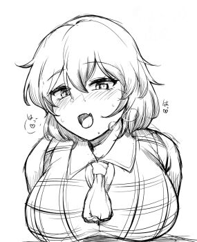 Rule 34 | 1girl, ascot, blush, breasts, breath, collared shirt, commentary request, fang, greyscale, kazami yuuka, large breasts, looking at viewer, monochrome, nose blush, open mouth, plaid clothes, plaid vest, sadahiro (chicken nugget gyuuniku aji), shirt, short hair, simple background, sketch, skin fang, smile, solo, touhou, upper body, vest