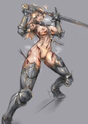 Rule 34 | 1girl, armor, armored boots, arrow in body, blonde hair, blood, blood on breasts, blood on leg, boots, breasts, broken, broken chain, buckle, chain, cleft of venus, clitoris piercing, collar, couter, cross, cuffs, cuisses, cuts, female knight, fighting, fighting stance, full body, functionally nude, gauntlets, greaves, grey background, high heels, holding, holding sword, holding weapon, injury, knight, large breasts, long hair, looking to the side, metal collar, midriff, motion lines, naked armor, navel, nipple piercing, nipples, nude, original, piercing, poleyn, pubic tattoo, pussy piercing, rerebrace, sirpetus, slave, solo, standing, steaming body, struggling, sweat, sword, tattoo, weapon, wrist cuffs, yellow eyes, zweihander