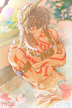 Rule 34 | 1boy, abs, absurdres, arm tattoo, armlet, blonde hair, braid, character name, charm2222sul, chest tattoo, crossed arms, facial tattoo, gold necklace, gradient hair, hashtag-only commentary, highres, honkai: star rail, honkai (series), jewelry, male focus, medium hair, multicolored hair, mydei (honkai: star rail), necklace, partially submerged, red hair, red tattoo, side braid, solo, tattoo, toned, toned male, towel, towel around waist, yellow eyes