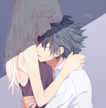 1boy 1girl aithace artist_name back backless_outfit bare_arms bare_back bare_shoulders black_hair breasts chinese_commentary closed_eyes closed_mouth collared_shirt commentary_request dated eyes_visible_through_hair from_side hand_on_another&#039;s_shoulder head_on_chest hug long_hair open_collar original parted_lips partially_shaded_face purple_background shade shirt short_hair shoulder_blades small_breasts upper_body waist_hug white_hair white_shirt