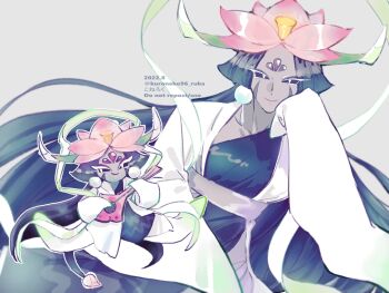 1girl 2022 bass_guitar black_dress black_hair black_sclera breasts closed_mouth coat collarbone colored_eyelashes colored_sclera colored_skin cookie_run cookie_run:_ovenbreak cowboy_shot dated dragon_girl dragon_horns dragon_tail dress earrings facial_mark flower forehead_jewel genderswap genderswap_(otf) green_horns grey_background grey_skin hair_flower hair_ornament hand_on_own_cheek hand_on_own_face hand_up highres holding holding_bass_guitar holding_instrument horns humanization instrument jewelry kuroneko96_ruka long_dress long_hair long_sleeves looking_at_viewer lotus lotus_dragon_cookie open_clothes open_coat outline pink_flower pom_pom_(clothes) pom_pom_earrings protected_link simple_background sleeves_past_fingers sleeves_past_wrists small_breasts smile solo tail twitter_username very_long_hair watermark white_coat white_eyelashes white_eyes white_outline wide_sleeves