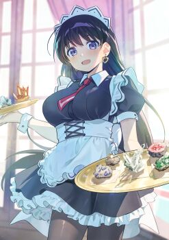 1girl absurdres alternate_costume apron arato_nagi black_dress black_hair breasts brown_pantyhose commentary_request cowboy_shot dress earrings enmaided heart heart_earrings highres holding holding_tray jewelry large_breasts long_hair looking_at_viewer maid maid_apron maid_headdress necktie nyan5000 open_mouth pantyhose puffy_short_sleeves puffy_sleeves purple_eyes red_necktie ruri_no_houseki short_sleeves solo tray waist_apron white_wrist_cuffs wrist_cuffs