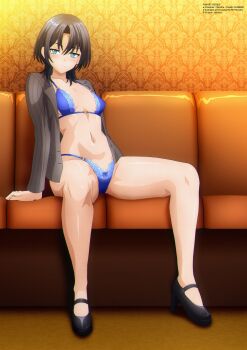 1girl arm_support black_hair black_shoes blue_bow blue_bra blue_eyes blue_panties blush bow bow_panties bra breasts collarbone couch grey_jacket high_heels hiodoshi_ao hololive hololive_dev_is jacket lace lace-trimmed_bra lace-trimmed_panties lace_trim long_sleeves looking_at_viewer medium_breasts navel o-ring o-ring_bottom o-ring_bra o-ring_panties on_couch open_clothes open_jacket panties shoes short_hair sitting smile spread_legs underwear virtual_youtuber zel-sama
