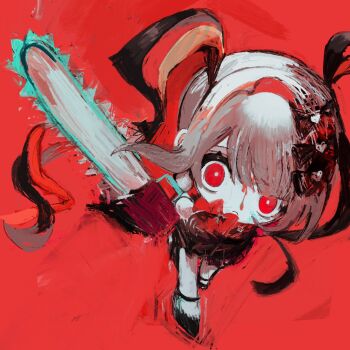 1girl black_hair black_serafuku blood blood_from_forehead blunt_bangs bow bright_pupils canvas_texture chainsaw chibi chibi_only chouzetsusaikawa_tenshi-chan chouzetsusaikawa_tenshi-chan_(dark_angel) crazy_eyes frown full_body hair_bow highres holding holding_chainsaw looking_at_viewer multiple_hair_bows naishukketsukata needy_girl_overdose quad_tails red_background red_eyes red_hair school_uniform serafuku sidelocks solo walking walking_towards_viewer weapon white_hair white_pupils