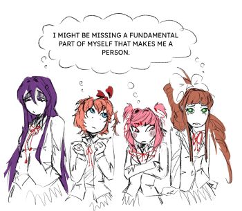 Rule 34 | 4girls, aqua eyes, blush, bow, brown hair, closed mouth, crossed arms, default343, doki doki literature club, english text, green eyes, hair bow, hair over shoulder, highres, long hair, looking at viewer, looking down, looking to the side, looking up, medium hair, monika (doki doki literature club), multiple girls, natsuki (doki doki literature club), partially colored, pink eyes, pink hair, purple eyes, purple hair, red ribbon, ribbon, sad, sayori (doki doki literature club), school uniform, shared thought bubble, simple background, sketch, speech bubble, thought bubble, twintails, upper body, white background, white bow, yuri (doki doki literature club)