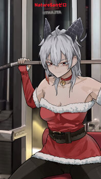 1girl absurdres ahoge alternate_costume artist_name bare_shoulders bell black_horns black_panther breasts check_clothing cleavage closed_mouth clothing_request collarbone commentary curled_horns dress elbow_gloves english_commentary exercising fur-trimmed_dress fur-trimmed_gloves fur_trim gloves grey_hair highres horns indoors long_hair medium_breasts mole mole_on_breast neck_bell panther pantyhose red_dress red_eyes red_gloves revision ryeon_(naturesan) solo thighband_pantyhose wuthering_waves zani_(wuthering_waves)