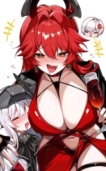 Rule 34 | 3girls, absurdres, anger vein, black gloves, blush, breasts, cleavage, clothing cutout, commentary, condensation, cup, dress, drunk, fingerless gloves, gloves, goddess of victory: nikke, head only, highres, holding, holding cup, large breasts, liliweiss (nikke), long hair, multiple girls, navel, navel cutout, nobako, official alternate costume, red dress, red hair, red hood (nikke), red hood (nonsense red) (nikke), revision, short hair, simple background, snow white (innocent days) (nikke), snow white (nikke), squeans, thigh strap, white background, white hair, yellow eyes