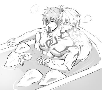 Rule 34 | 2boys, absurdres, arm tattoo, bath, bathing, bathtub, blush, braid, chest tattoo, collarbone, commentary request, greyscale, highres, honkai: star rail, honkai (series), in bathtub, knees up, male focus, monochrome, multiple boys, mydei (honkai: star rail), neck tattoo, partially submerged, pectorals, phainon (honkai: star rail), rubber duck, shared bathing, short hair, side braid, simple background, single braid, sitting, srz148, sun symbol, sun tattoo, tan, tattoo, toned, toned male, white background, yaoi