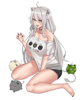 1girl :d absurdres animal_ear_piercing animal_ears barefoot between_legs black_choker black_nails black_shorts breasts character_print choker claw_pose cleavage commentary denim denim_shorts feet full_body grey_eyes grey_hair hand_between_own_legs hand_up highres hololive jewelry large_breasts lion_ears lion_girl lion_tail long_hair looking_at_viewer low_twintails messy_hair nail_polish necklace official_alternate_costume official_alternate_hairstyle open_mouth ranox shirt shishiro_botan shishiro_botan_(midnight_convenience_store) shorts sidelocks simple_background single_bare_shoulder single_off_shoulder sitting smile solo ssrb_(shishiro_botan) swept_bangs t-shirt tail toenail_polish toenails toes twintails virtual_youtuber white_background white_shirt