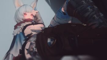 1girl 3d animal_ears areola_slip bandaged_leg bandages blunt_bangs blurry blush boots breasts bright_pupils depth_of_field eyebrows_hidden_by_hair feet_out_of_frame hand_up large_areolae large_breasts leaning_back long_sleeves neu_(purusawa) original perspective purusawa red_scarf scarf short_hair silver_hair sitting sleeves_past_wrists solo underboob wolf_ears