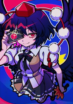 1girl absurdres arm_up black_hair black_ribbon black_shoes black_skirt black_wings buttons camera closed_mouth collared_shirt commentary_request covering_one_eye feathered_wings foreshortening hat hauchiwa highres holding holding_camera holding_leaf ishiki_nuru leaf leg_up neck_ribbon outline puffy_short_sleeves puffy_sleeves red_eyes red_hat ribbon shameimaru_aya shirt shoes short_hair short_sleeves skirt smile solo standing standing_on_one_leg tokin_hat touhou white_outline white_shirt wings