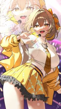1girl :d ahoge anis_(nikke) anis_(star)_(t.t._star)_(nikke) breasts brown_eyes brown_hair commentary cowboy_shot goddess_of_victory:_nikke hair_between_eyes headset highres idol jacket kyoi_(kyo1koo2) large_breasts looking_at_viewer medium_hair midriff navel necktie off_shoulder official_alternate_costume one_side_up open_clothes open_jacket open_mouth shade skirt smile solo standing star-shaped_pupils star_(symbol) star_print symbol-shaped_pupils teeth upper_teeth_only yellow_necktie yellow_skirt zoom_layer