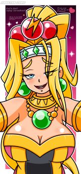 1girl asha_in_monster_world blonde_hair breasts cleavage fantasy game_console gem highres large_breasts looking_at_viewer monster_world monster_world_iv purapril_xiii queen sega sega_mega_drive video_game wonder_boy wonder_boy_(series) xbuster