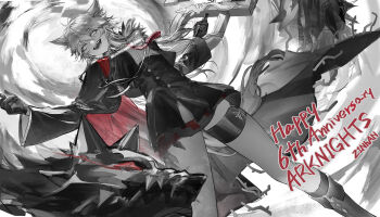 1girl animal_ears arknights black_boots black_gloves black_skirt boots commentary_request fangs fek_zin gloves grey_eyes grey_hair happy_anniversary lappland_(arknights) lappland_(refined_horrormare)_(arknights) long_hair skirt solo thigh_strap wolf_ears wolf_girl