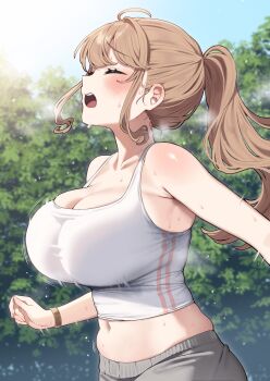 1girl armpit_crease blush bouncing_breasts breasts brown_hair cleavage collarbone commentary_request day exercising exhausted grey_pants heavy_breathing highres kodama's_elder_sister_(sakura_yuki) large_breasts long_hair midriff navel open_mouth original outdoors pants ponytail sakura_yuki_(clochette) solo stomach sweat sweatdrop tank_top teeth upper_teeth_only white_tank_top
