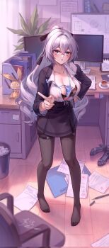 1girl barefoot between_breasts black_bra black_skirt blue_eyes blush bra breasts bronya_zaychik bronya_zaychik_(outstanding_attitude) bronya_zaychik_(silverwing:_n-ex) chair cleavage drill_hair full_body grey_hair hand_on_own_hip highres honkai_(series) honkai_impact_3rd id_card indoors large_breasts long_hair looking_at_viewer monitor office_lady pantyhose paperwork pointing pointing_at_viewer shirt skirt solo toes twin_drills unbuttoned unbuttoned_shirt underwear very_long_hair white_shirt yelan_xing_xuan