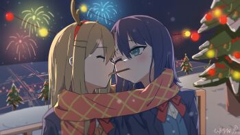 2girls absurdres adachi_sakura adachi_to_shimamura aerial_fireworks antlers blazer blue_cardigan blue_eyes blue_hair blue_jacket brown_hair cardigan chinese_commentary christmas christmas_tree commentary_request fireworks highres horns jacket long_hair medium_hair multiple_girls night one_eye_closed outdoors pink_scarf reindeer_antlers scarf school_uniform shimamura_hougetsu signature yuri zhang_chele_a