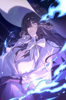 1girl asymmetrical_gloves black_background black_hair blue_fire breasts cleavage commentary constance_(honkai:_star_rail) demon_horns dress fire gloves hat highres honkai:_star_rail honkai_(series) horns large_breasts long_hair looking_at_viewer mismatched_gloves mole mole_under_eye parted_lips purple_eyes solo sun_hat white_dress white_hat yohaku
