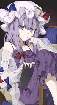 1girl :t absurdres alternate_costume bare_shoulders blue_bow blunt_bangs book bow chu_(yuzumeno) closed_mouth commentary crescent crescent_hat_ornament dress expressionless fingernails frilled_dress frills hair_bow hashtag-only_commentary hat hat_bow hat_ornament highres holding holding_book jacket jitome knees_up long_dress long_hair long_sidelocks looking_at_viewer low-tied_sidelocks mob_cap nail_polish nightgown off_shoulder open_clothes open_jacket patchouli_knowledge pout purple_dress purple_eyes purple_hair purple_nails purple_nightgown red_bow see-through_clothes see-through_jacket sidelocks sitting sleeve_bow sleeveless sleeveless_dress solo spaghetti_strap straight_hair symbol-only_commentary touhou white_hat