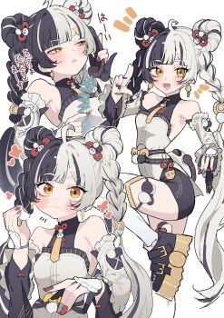 1girl absurdres ahoge aqua_nails bare_shoulders black_hair black_shoes black_shorts blush braid braided_twintails china_dress chinese_clothes closed_mouth commentary_request detached_sleeves dialyn_(zenless_zone_zero) dress earrings eating food food_on_face hair_extensions hair_ornament hairclip half-closed_eyes hand_up highres holding holding_food holding_phone jewelry leg_up long_hair looking_at_viewer looking_to_the_side momico_co multicolored_hair multicolored_nails multiple_views necktie notice_lines open_mouth panda_hair_ornament phone red_nails ring_hair_extensions shoes shorts simple_background sparkling_eyes split-color_hair standing standing_on_one_leg white_background white_hair yellow_eyes yellow_necktie zenless_zone_zero