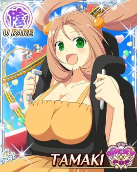 1girl :d amusement_park balloon border breasts brown_hair card_(medium) character_name cleavage english_text game_cg green_eyes hair_bobbles hair_ornament harness large_breasts long_hair looking_at_viewer official_alternate_costume official_art open_mouth orange_shirt riding roller_coaster senran_kagura senran_kagura_new_wave shirt smile solo tamaki_(senran_kagura) twintails upper_body wind