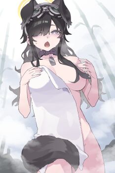1girl absurdres animal_collar animal_ears bathing black_hair blue_archive breasts collar commentary dog_ears dog_girl dog_tail goggles goggles_on_head halo hibiki_(blue_archive) highres long_hair looking_at_viewer naked_towel open_mouth solo tail tomo22 towel yellow_halo