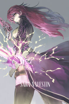 1girl alternate_hairstyle asymmetrical_dual_wielding belt black_thighhighs breasts character_name closed_mouth coat cowboy_shot dress dual_wielding eiyuu_densetsu electricity from_below from_side grey_background grey_belt gun hair_down handgun holding holding_gun holding_sword holding_weapon irise_ryouji long_hair long_sleeves looking_at_viewer medium_breasts purple_coat purple_hair ribbed_dress sara_valestein sen_no_kiseki_(series) short_dress simple_background smile solo standing sword thighhighs typo weapon yellow_dress yellow_eyes zettai_ryouiki