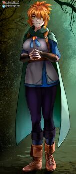 1girl absurdres backpack bag black_pants boots breasts brown_boots cloak dota_(series) dota_2 dress full_body gauntlets green_cloak hair_between_eyes highres kirani looking_at_viewer marci_(dota) medium_breasts medium_hair open_mouth orange_hair pants patreon_username simple_background smile solo standing teeth twitter_username white_dress yellow_eyes