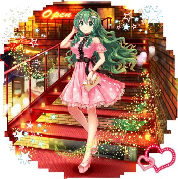 Rule 34 | 1girl, adjusting hair, alternate costume, alternate hairstyle, bag, bare arms, bare legs, bare shoulders, blush, bow, bracelet, breasts, brick wall, brown bow, brown sash, candle, closed mouth, clutch purse, collarbone, dress, frilled dress, frills, frog hair ornament, full body, game cg, green eyes, green hair, hair between eyes, hair ornament, handbag, heart, high heels, highres, holding, holding bag, indoors, jewelry, kochiya sanae, kochiya sanae (nighttime breath of fresh air), legs, long hair, looking at viewer, neon lights, nightclub, official art, pink dress, pleated dress, pocketbook, railing, ringlets, rotte (1109), sash, short dress, short sleeves, sidelocks, smile, snake hair ornament, solo, stairs, star (symbol), third-party source, toes, touhou, touhou lostword, transparent background, very long hair, walking, wavy hair