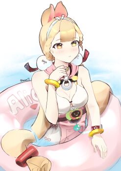 Rule 34 | 1girl, absurdres, afloat, alice thymefield, alice thymefield (sea of thyme), animal ears, blonde hair, blush, breasts, cleavage, commentary request, dress swimsuit, hair ornament, hand up, heterochromia, highres, innertube, kosawa 77, long hair, low twintails, official alternate costume, one-piece swimsuit, pink one-piece swimsuit, rabbit ears, rabbit girl, red eyes, sphere hair ornament, swim ring, swimsuit, twintails, two-tone one-piece swimsuit, water, white background, white one-piece swimsuit, yellow eyes, zenless zone zero