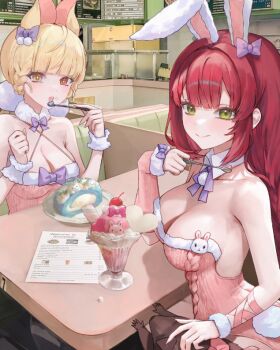 2girls alice_thymefield animal_ears bare_shoulders blonde_hair blush bow breasts cleavage closed_mouth collar collarbone commentary_request detached_collar fake_animal_ears fake_tail food food_on_face fur-trimmed_leotard fur_trim green_eyes heterochromia holding holding_spoon indoors large_breasts leotard long_hair looking_at_viewer malsuk multiple_girls pink_leotard playboy_bunny purple_bow rabbit_ears rabbit_tail red_eyes red_hair sitting smile spoon strapless strapless_leotard tail ukinami_yuzuha unfinished very_long_hair white_collar white_wrist_cuffs wrist_cuffs yellow_eyes zenless_zone_zero