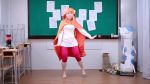 1girl animated asian barefoot blonde_hair bottle breasts chalkboard chips_(food) coca-cola cosplay dancing desk doma_umaru feet food full_body himouto!_umaru-chan hood long_hair music photo_(medium) product_placement short_hair sound toes video