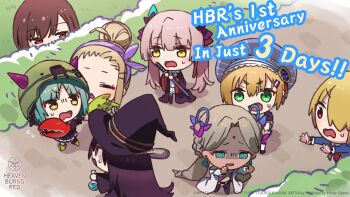 6+girls =_= @_@ ahoge bindi black_hair blonde_hair blue_eyes brown_hair bungo_yayoi chibi closed_eyes company_name copyright_name copyright_notice dark-skinned_female dark_skin dress english_text facial_mark fake_horns flask forehead_mark gem grass green_eyes green_hair grey_hair hair_bun hair_ornament hair_over_one_eye hairband hat heaven_burns_red helmet highres holding holding_staff holding_sword holding_weapon horns jacket jewelry katana kayamori_ruka key_(company) lab_coat long_hair long_sleeves looking_at_another maruyama_kanata multiple_girls mushroom official_art ogasawara_hisame ooshima_yotsuha open_mouth outdoors parted_bangs pink_hair potion purple_hair purple_hairband red_eyes red_gemstone ribbon round-bottom_flask school_uniform short_hair single_hair_bun staff sweatdrop sword tenne_miko twintails vritika_balakrishnan weapon witch witch_hat worried yanagi_mion yellow_eyes yostar