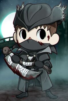 Rule 34 | animal crossing, blood, blood on face, bloodborne, highres, holding, holding weapon, nintendo, teevo, villager (animal crossing), weapon