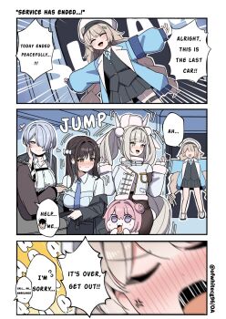 1boy 5girls anger_vein angry black_hair black_pantyhose black_skirt blanc_(fortune_express)_(nikke) blanc_(nikke) blue_hair blue_jacket blush breasts brid_(nikke) brid_(silent_track)_(nikke) brown_hair closed_eyes comic commander_(nikke) diesel_(nikke) diesel_(winter_sweets)_(nikke) dorothy_(nikke) embarrassed full_body goddess_of_victory:_nikke hair_over_one_eye hat highres indoors jacket large_breasts long_hair medium_breasts multiple_girls necktie no_bra o-los pantyhose pleated_skirt skirt soline_(frost_ticket)_(nikke) soline_(nikke) speech_bubble translated upper_body white_hair white_hat white_jacket yellow_eyes