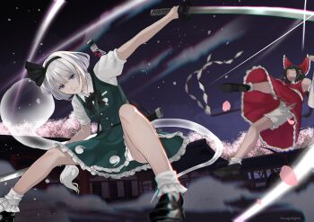 2girls 3d_background absurdres architecture ascot black_bow black_bowtie black_hair black_hairband black_ribbon black_shoes bloomers blue_eyes blurry bow bowtie cherry_blossom_print cherry_blossoms chromatic_aberration clenched_teeth cloud collared_shirt concentrating depth_of_field detached_sleeves dust_cloud east_asian_architecture floral_print frilled_bow frilled_hair_tubes frilled_skirt frilled_socks frills ghost_print gohei green_skirt green_vest grey_hair hair_bow hair_ribbon hair_tubes hairband hakugyokurou hakurei_reimu highres holding holding_gohei holding_sword holding_weapon katana knees konpaku_youmu konpaku_youmu_(ghost) long_hair motion_blur multiple_girls nagato_tsumugu night night_sky open_mouth panties pantyshot pink_petals purple_sky red_ascot red_skirt red_vest ribbon sheath shirt shoes short_hair short_sleeves skirt sky slashing socks sword sword_tassel tassel teeth thighs torn_clothes torn_skirt touhou underwear vest weapon white_bloomers white_panties white_shirt white_socks